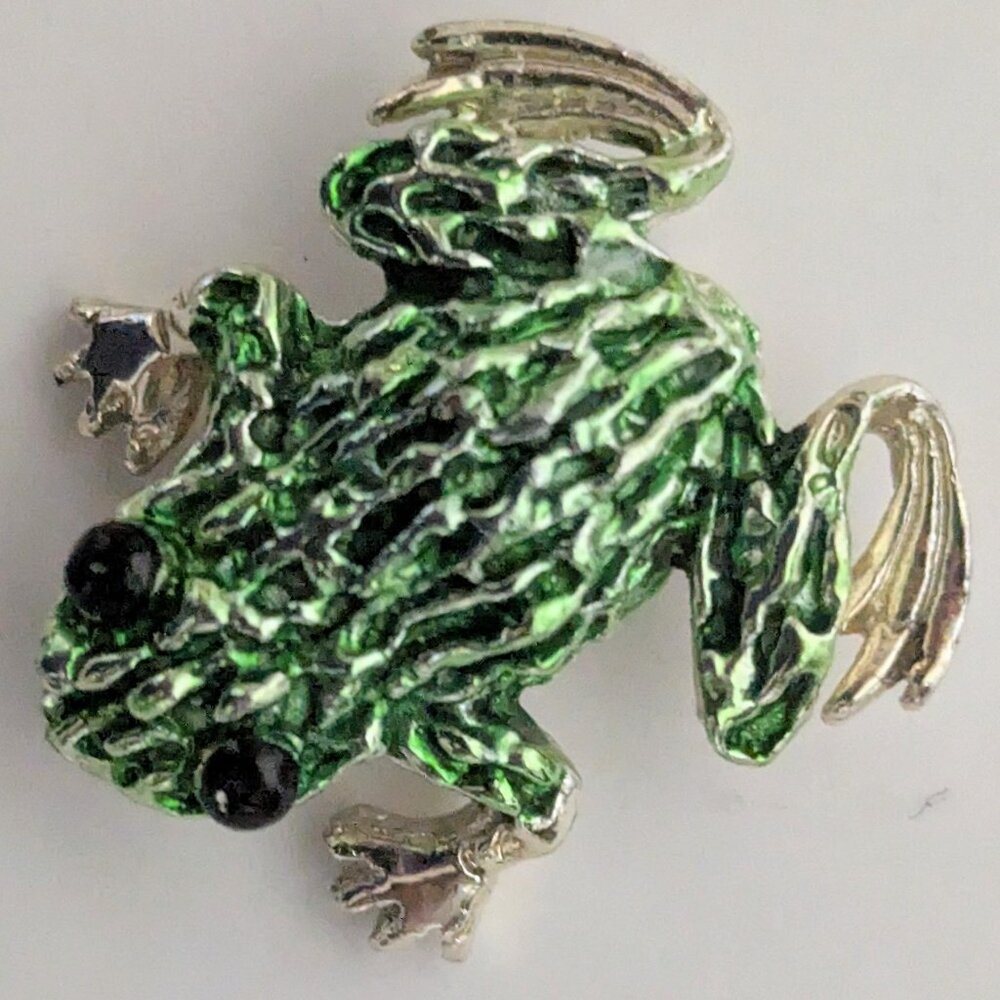 Vintage Mini Sassy Statement Textured Frog Gold Tone w/ green/Blk Enamel Brooch